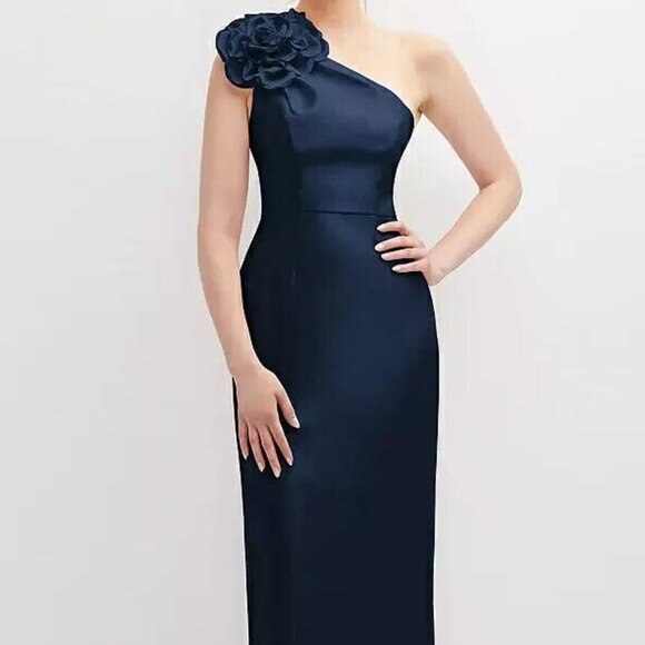 Alfred Sung Midnight Blue Flower One-Shoulder Column Gown D850 - Picture 1 of 6